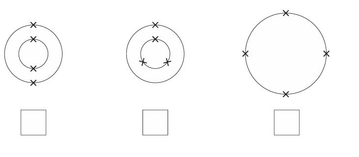 Four small Bohr-diagram options, each showing a nucleus with electron shells: option 1 shows a single shell with 4 electrons; option 2 shows an inner shell of 2 and an outer shell of 2 electrons; option 3 shows an inner shell of 2 and an outer shell of 4 electrons; option 4 shows three separate shells with 1, 1 and 2 electrons respectively. Each option has a tick box beside it