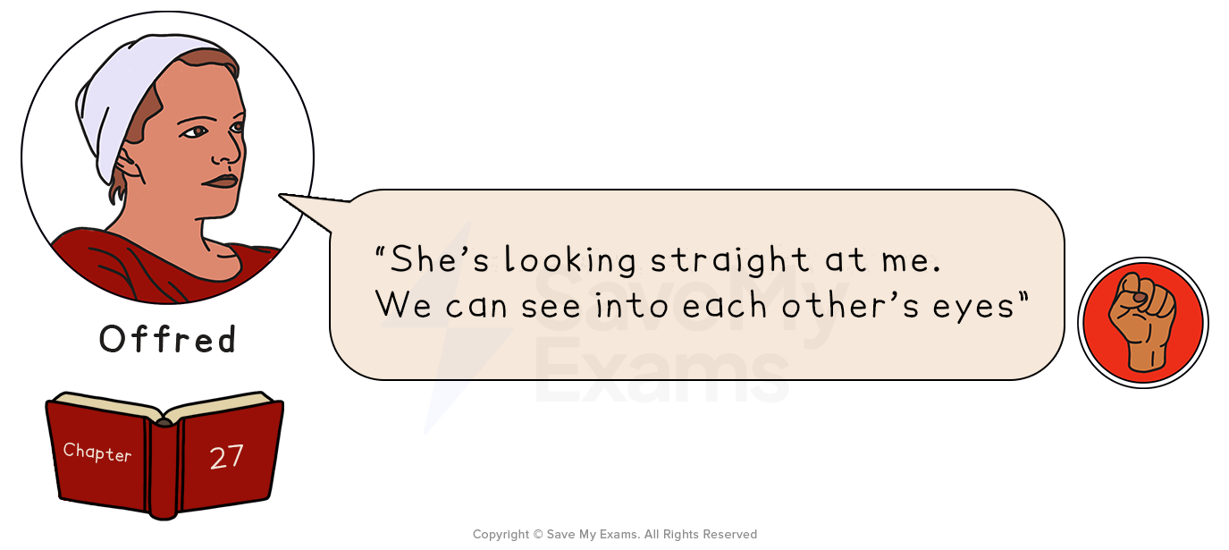 Offred quotation panel from The Handmaid's Tale, showing a line from Chapter 27 tagged with a power symbol.