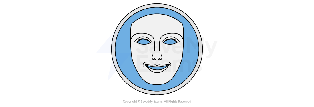 Comedy icon: a smiling white theatre mask in a blue circle, marking the section on the conventions of comedy.