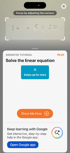 Photomath scanning the handwritten equation 3x + 5 = 20 and offering an animated tutorial to solve it.