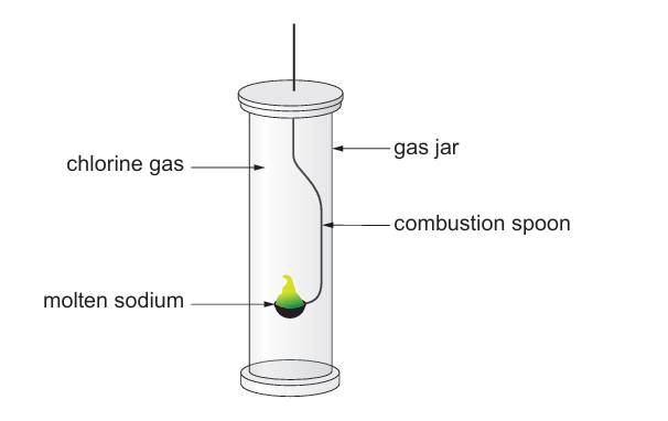 Diagram of a gas jar filled with chlorine gas; a combustion spoon holding a piece of burning/molten sodium is being lowered into the gas jar from above