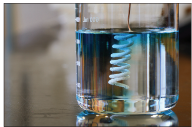 Figure: Photograph of a coiled copper wire suspended in a beaker of colourless silver nitrate solution; the solution surrounding the coil has turned blue, and fine silver crystals have formed on the surface of the copper coil