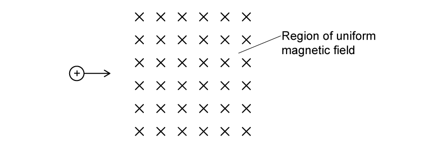 A proton, drawn as a small circle labelled with a plus sign, moving to the right towards a square region of uniform magnetic field. The field into the page is shown as a grid of cross symbols.