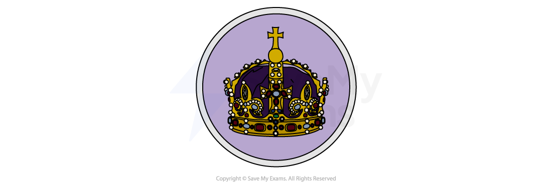 Monarchy icon: an ornate closed crown in a purple circle, marking the section on royal power and patronage.