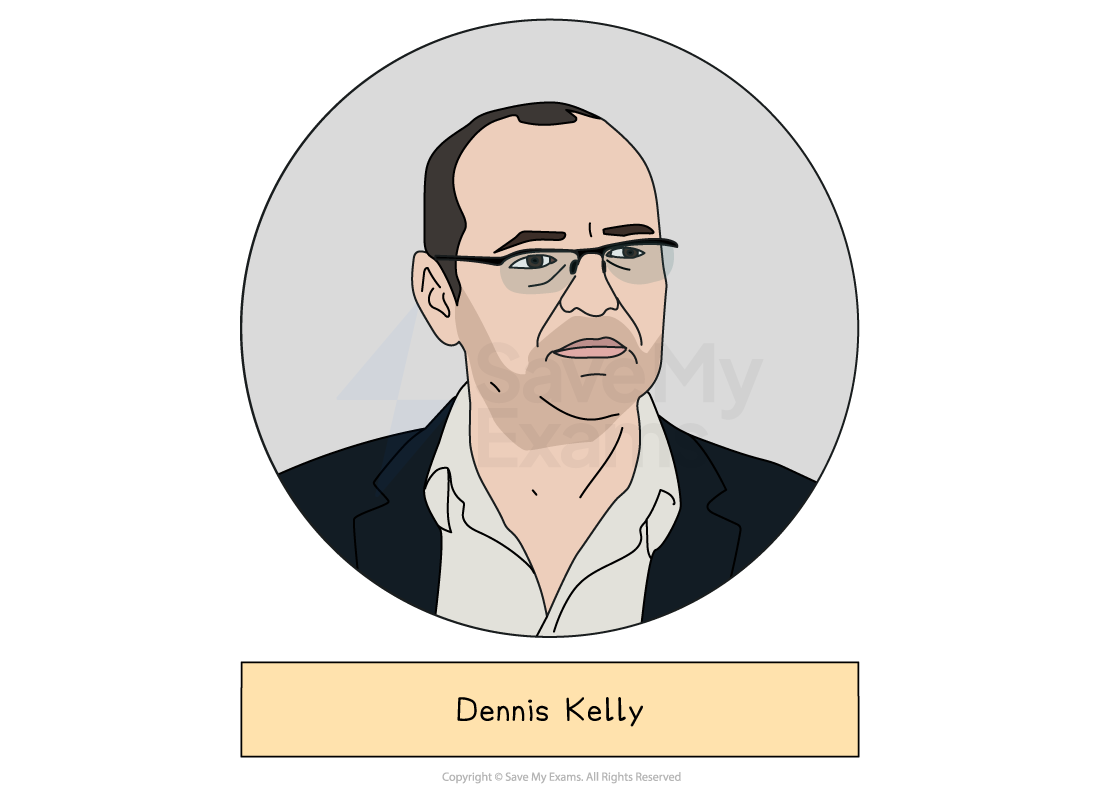 Illustrated head-and-shoulders portrait of Dennis Kelly, who wrote DNA, drawn in a grey circle above a label giving the name.