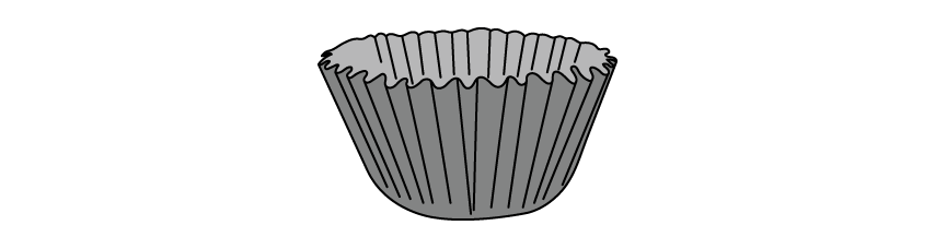 A photograph of a single empty silver foil cupcake case seen from the side, with fluted sides and an open top