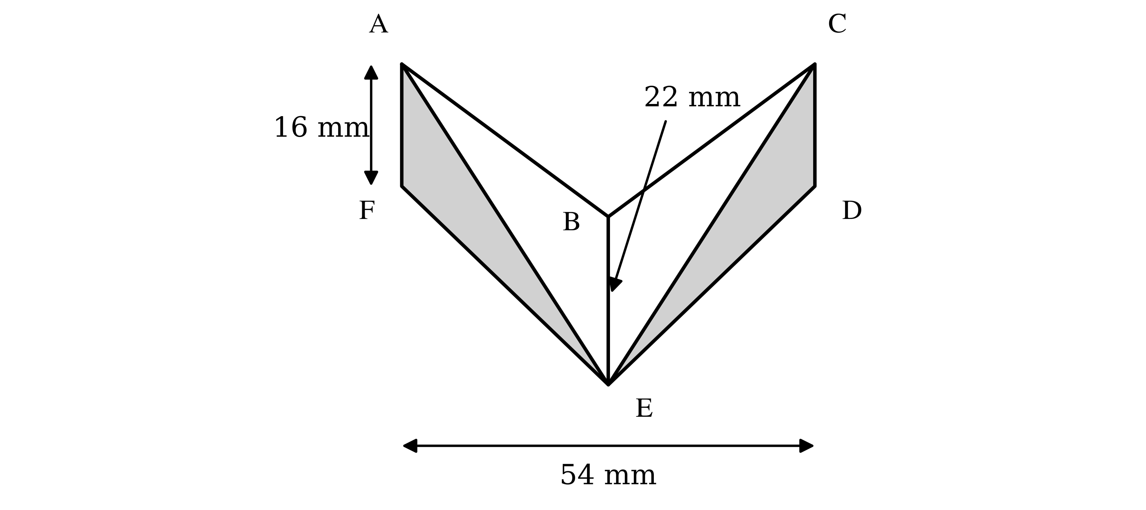 Pendant in the shape of a hexagon ABCDEF, symmetrical about the vertical line BE. AF and CD are vertical sides. AF is marked 16 mm, BE is marked 22 mm, and the total width from AF to CD is 54 mm. E is at the bottom and B is below the level of A and C. The lines AE, BE and CE are drawn, and the triangles AFE and CDE are shaded.