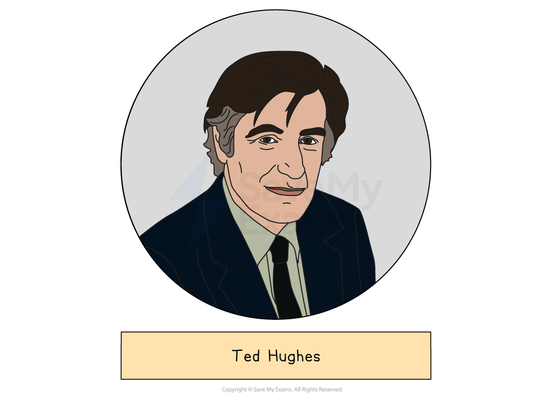 Illustrated head-and-shoulders portrait of Ted Hughes, whose poem 'Bayonet Charge' is in the AQA Power and Conflict anthology, drawn in a grey circle above a label giving the name.