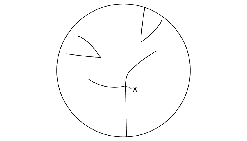 [IMAGE: A circular bubble-chamber view. A straight track enters from the bottom edge and ends at X near the centre, where two tracks leave, both curving in the same sense. In the upper left and upper right of the chamber, two separate V-shaped pairs of tracks each appear from a point, opening away from X. In the left pair the two tracks curve in opposite directions; in the right pair one track is almost straight and the other is curved. No track joins X to either V.]