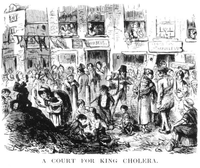 Political cartoon “A Court for King Cholera”, published in Punch in 1852: a filthy, overcrowded slum court with refuse, ragged people and children, washing and crumbling houses; signs read “GOOD BEDS” and “LODGINS FOR TRAVELERS”.