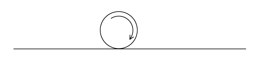 Line diagram of ball X shown as a circle resting on a long horizontal line representing level ground. A curved arrow inside the circle points clockwise, showing the ball rolling to the right.