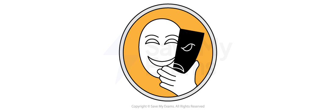 Image symbolising deception and honesty: a smiling face with a dark mask held over it, on an orange circle.