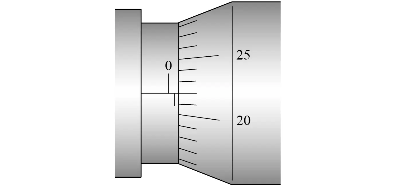Micrometer sleeve with millimetre marks above the datum line and half-millimetre marks below; the thimble edge is just past the first half-millimetre mark. Thimble of 50 divisions labelled every 5; line 22 is on the datum line.