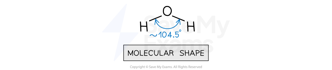 Water drawn as a bent molecule with an H–O–H bond angle of about 104.5°, labeled molecular shape