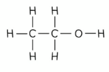 Displayed formula of ethanol: two carbon atoms joined by a single bond, with three hydrogen atoms attached to the first carbon and two to the second, which is bonded to a hydroxyl group, O–H.