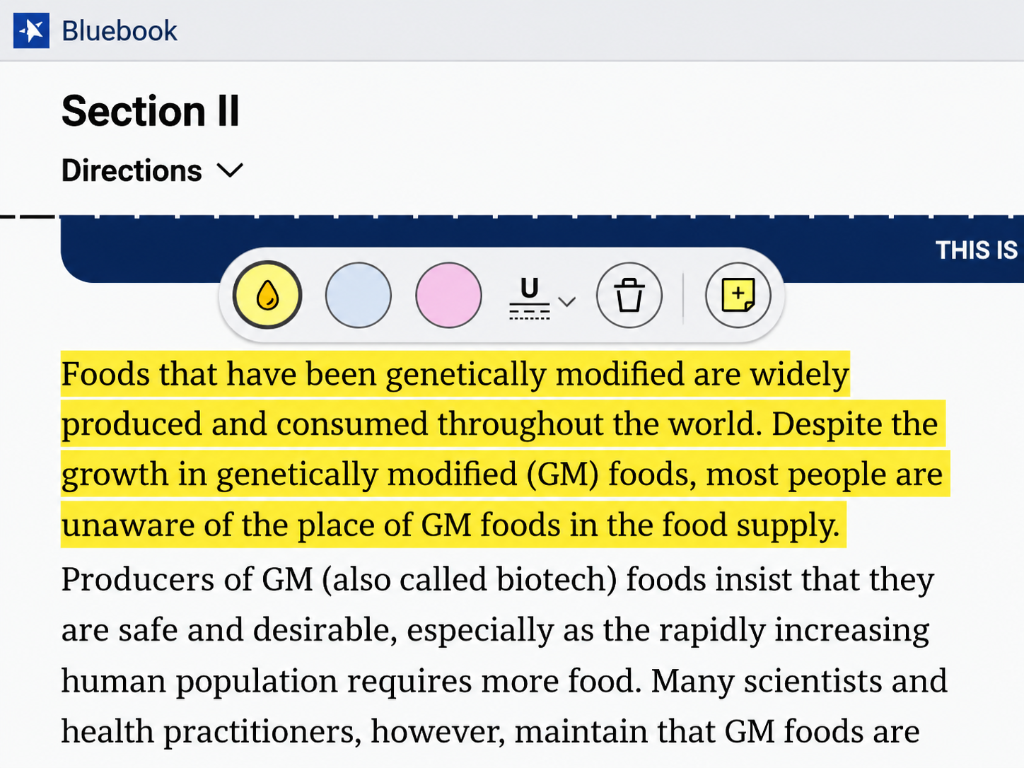 Bluebook Section II screen with an annotation toolbar and a yellow-highlighted paragraph stating that genetically modified foods are widely produced and consumed worldwide, yet most people are unaware of their place in the food supply.