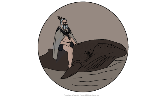 Illustration of Kahutia Te Rangi (Paikea), wearing a feathered headdress and cloak, seated astride the bull whale as it surfaces through the water inside a circular frame.