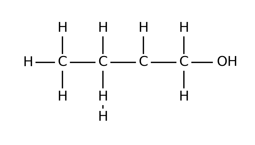 A student's drawing. A four-carbon chain. The first carbon is bonded to three H. The second carbon is bonded to one H above and one H below, and that lower H is bonded to a further H. The third carbon is bonded to one H only. The fourth carbon is bonded to two H and to a group written as OH.