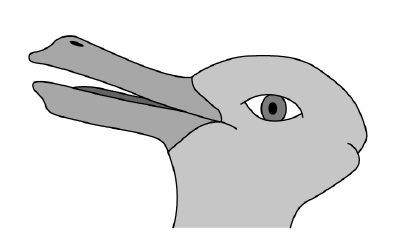 An ambiguous black-and-white drawing that can be seen as either a rabbit facing left, with long ears, or a duck facing left, with a broad bill; the two interpretations share the same head shape.