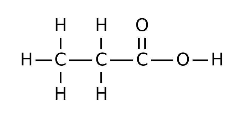 Three-carbon chain. The first carbon is bonded to three H and the second to two H. The third carbon is double bonded to an O above it and single bonded to an O to its right,  which is bonded to an H. 