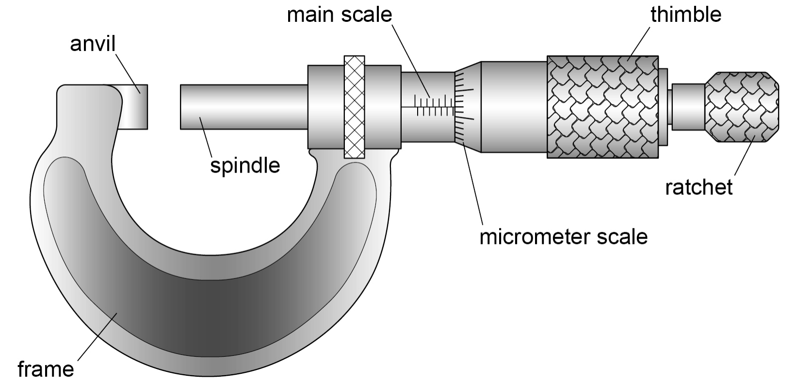 Micrometer screw gauge: a C-shaped frame with the anvil and spindle facing across a gap, a sleeve carrying the main scale, a thimble carrying the micrometer scale and a ratchet at the end.