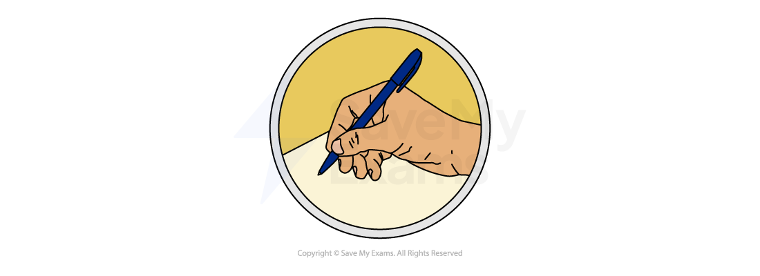Writer's craft icon: a hand writing on paper with a blue pen in a yellow circle, marking the section on the writer's methods and the choices behind the writing.