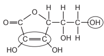 Structural formula of vitamin C (ascorbic acid), showing a five-membered ring with oxygen and a carbon–carbon double bond, plus hydroxyl groups; the C=C bond and terminal OH group are circled.