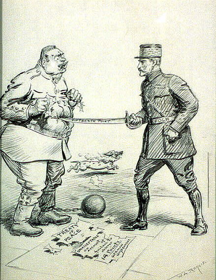 Political cartoon showing a large civilian and a uniformed soldier facing each other across a sword labelled “TREATY POINT”, with papers marked “TREATY OF PEACE” and “LEAGUE OF NATIONS” on the ground.
