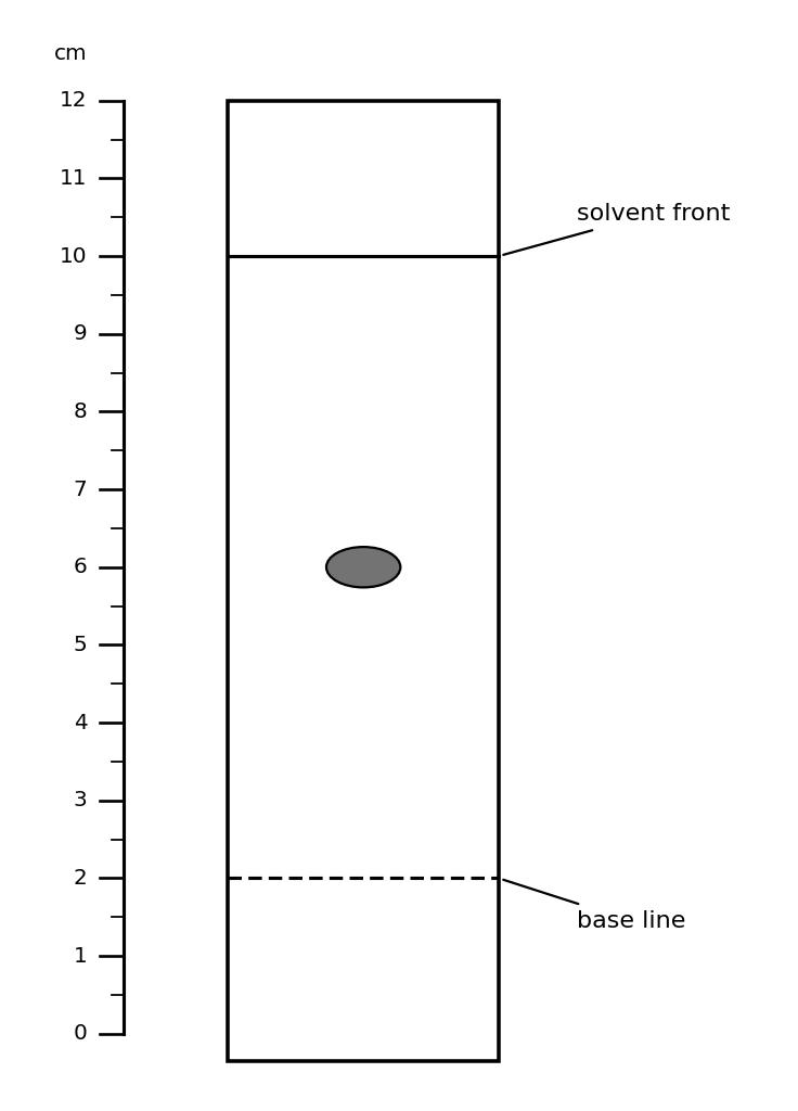 A vertical strip of chromatography paper beside a centimetre ruler marked from 0 to 12. A dashed horizontal line labelled base line crosses the paper level with the 2 cm mark. A solid horizontal line labelled solvent front crosses the paper level with the 10 cm mark. One shaded oval spot sits on the paper level with the 6 cm mark.