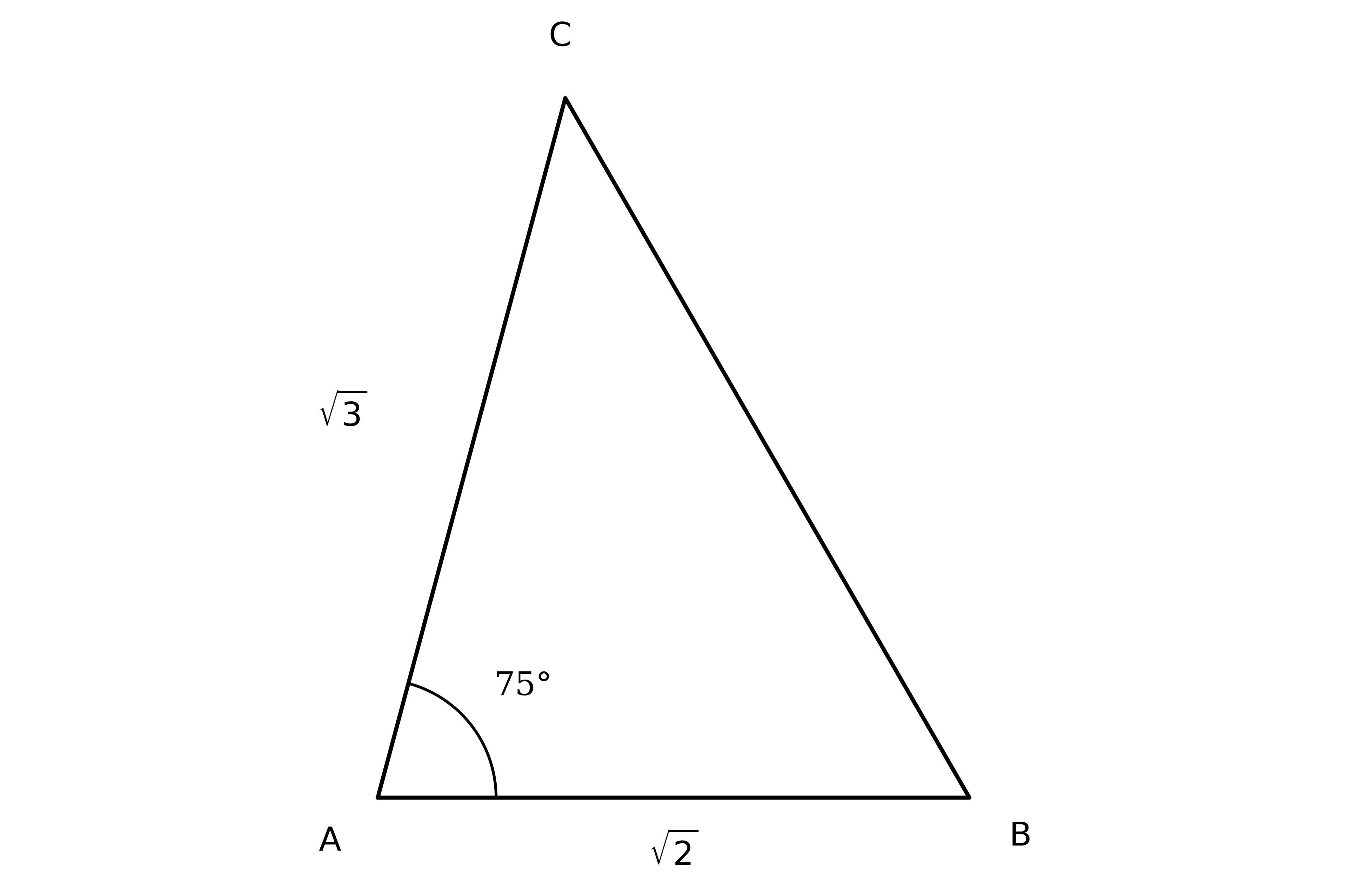 Triangle ABC with base AB along the bottom and C above it. Side AB is labelled root 2, side AC is labelled root 3, and the angle at A is marked 75 degrees.