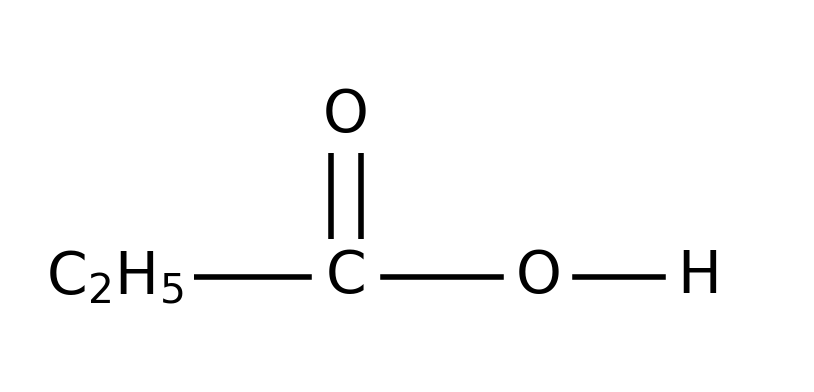 The letters C2H5 bonded to a carbon. That carbon is double bonded to an O above it and single bonded to an O to its right, which is bonded to an H.  