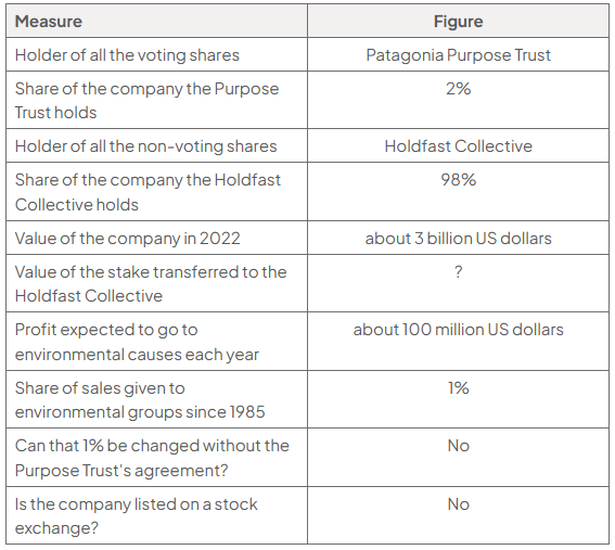 Table of Patagonia ownership and finances: Purpose Trust holds 2% voting shares; Holdfast Collective 98% non-voting shares. Company value about 3 billion US dollars; stake value is ?; annual environmental profit about 100 million US dollars.