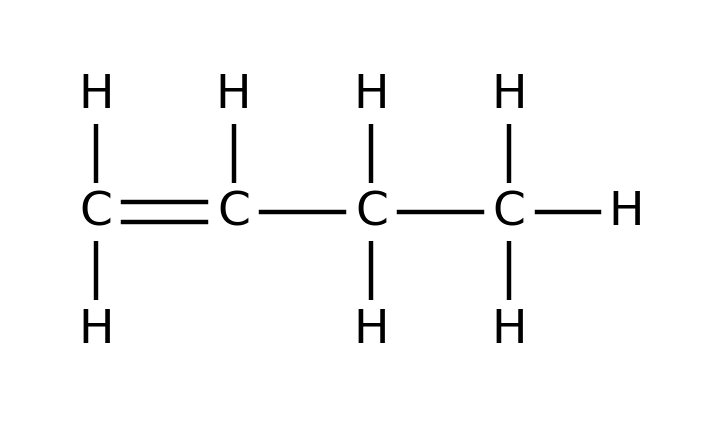Four-carbon chain with a double bond between the first and second carbons. The first carbon is bonded to two H, the second to one H, the third to two H and the fourth to three H.