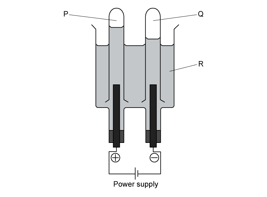 Diagram of an electrolytic cell: a beaker of electrolyte contains negative and positive electrodes connected to a 12 V DC power supply, with inverted test tubes over each electrode to collect gases.