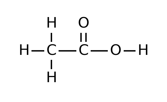 Two-carbon chain. The first carbon is bonded to three H. The second carbon is double bonded to an O above it and single bonded to an O to its right, which is bonded to an H.