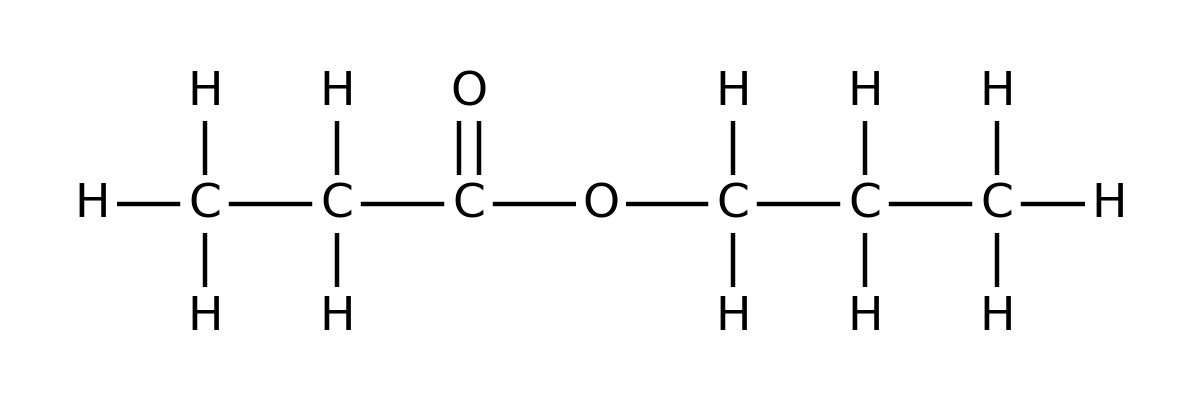 A chain of two carbons, then a carbon double bonded to an O above it and single bonded to an O to its right, then a further three carbons. The first and last carbons of the structure are each bonded to three H and every other carbon in the two chains is bonded to two H.