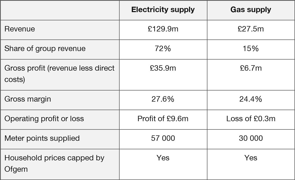 Table comparing electricity and gas supply: revenue £129.9m/£27.5m; group share 72%/15%; gross profit £35.9m/£6.7m; margin 27.6%/24.4%; operating result £9.6m profit/£0.3m loss; 57,000/30,000 meters; both Ofgem-capped.