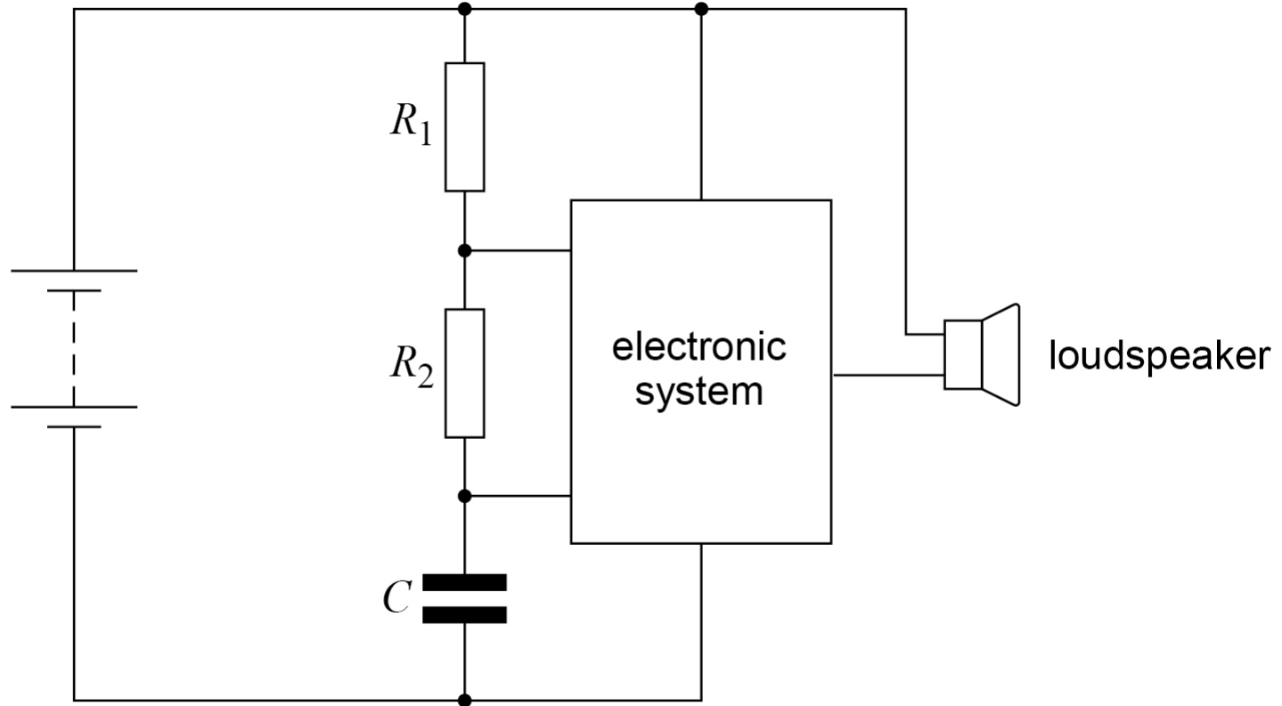 Circuit: a battery across R1, R2 and capacitor C in series, with R1 at the top. An 'electronic system' box connects to both junctions (R1–R2 and R2–C) and both supply wires, and drives a loudspeaker.