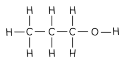 Displayed formula of propan-1-ol: three carbon atoms in a chain, the first carrying three hydrogen atoms and the second and third each carrying two, with the third bonded to an oxygen atom which is bonded to a hydrogen atom.