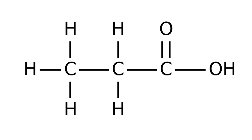 Three-carbon chain. The first carbon is bonded to three H and the second to two H. The third carbon is double bonded to an O above it and single bonded to the letters OH written together as one group. 