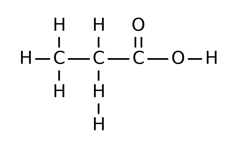 Three-carbon chain. The first carbon is bonded to three H. The second carbon is bonded to one H above and one H below, and that lower H is bonded to a further H. The third carbon is double bonded to an O above it and single bonded to an O to its right, which is bonded to an H.