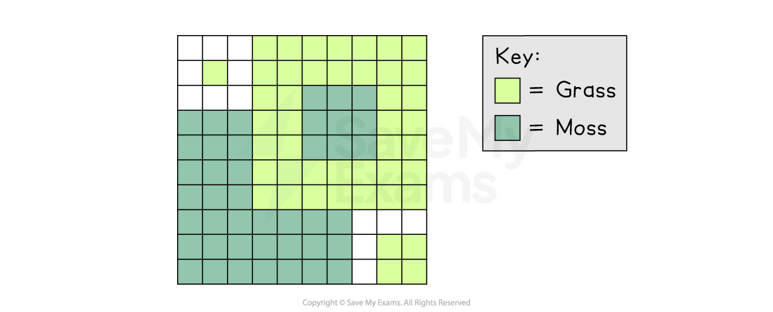 A 10-by-10 quadrat grid uses light green for grass and dark green for moss, with 45 grass squares, 42 moss squares and 13 unshaded squares; a key identifies the colours.