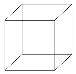 Line drawing of the Necker cube illusion: a wire-frame cube whose connected lines allow two alternative interpretations of which face is nearest and which is furthest away.