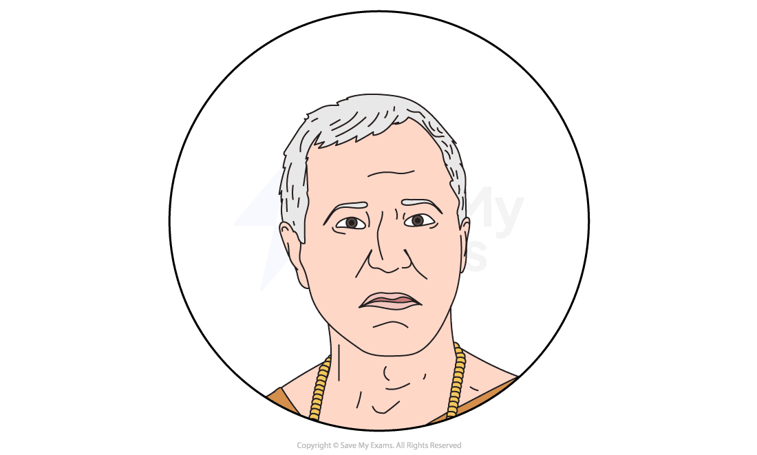 Illustration of a man with short grey hair, serious expression, wearing an orange garment and a beaded necklace, within a circular border.