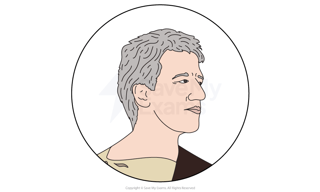 Illustration of a grey-haired man in profile view inside a circular frame. The background is plain, with text partially visible.