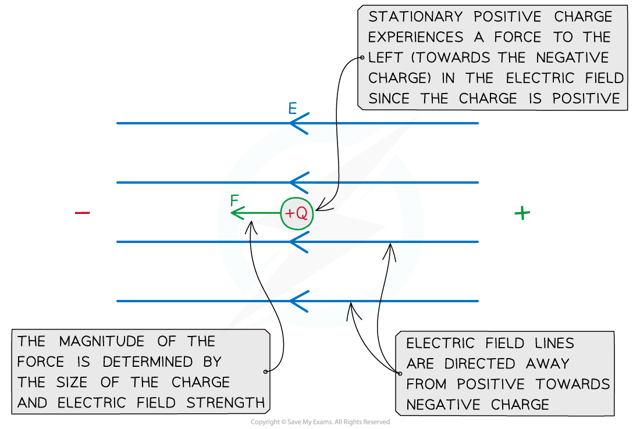 A positive charge Q in an electric field of strength E experiences a force F in the direction of the field.