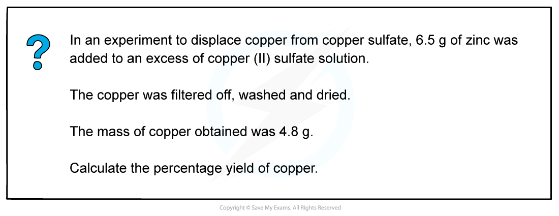 Atoms, Molecules & Stoichiometry Worked Example - Calculate percentage yield using moles, downloadable AS & A Level Chemistry revision notes