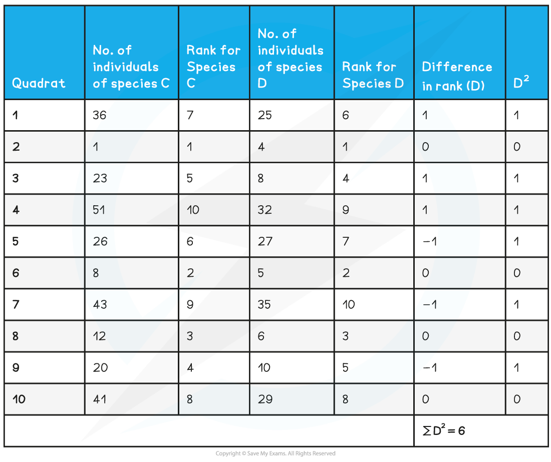 Worked Example of Spearmans Rank Correlation Data Table, downloadable AS & A Level Biology revision notes