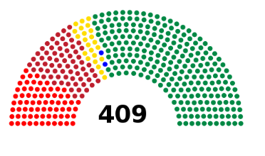 A semicircular seating chart with 409 coloured dots representing seats: majority in green, followed by red, yellow, and a few blue.