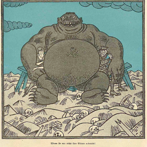 A large monster with a round stomach and sharp teeth sits in the centre of the image. It is sitting on two wooden benches that are breaking under its weight. On either side of the monster, two people are trapped under its arms — one wears a worker’s cap and the other wears a top hat. The ground is covered with skulls and bones. The sky is filled with dark clouds. There is a short caption in German at the bottom of the image.